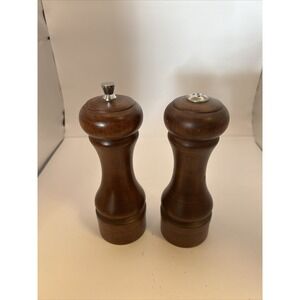 Vintage 1980's Pepper Mill & Salt Shaker Grannycore Brown Wood Retro Mr. Dudley